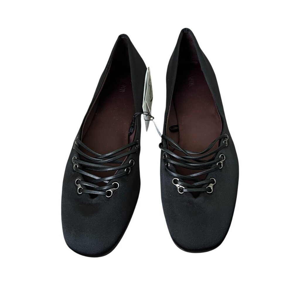 ZARA Satin Effect Ballet Flats Black Size 6.5 Crisscross Lace-Up Chic Trendy - Picture 4 of 8